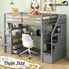 Bellemave® Loft Bed with Desk and Shelves, Two Built-in Drawers, Storage Staircase