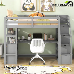 Bellemave® Loft Bed with Desk and Shelves, Two Built-in Drawers, Storage Staircase