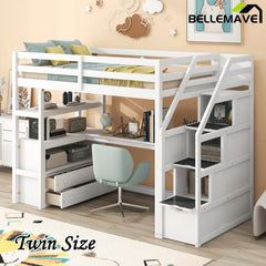 Bellemave® Loft Bed with Desk and Shelves, Two Built-in Drawers, Storage Staircase