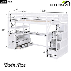 Bellemave® Loft Bed with Desk and Shelves, Two Built-in Drawers, Storage Staircase