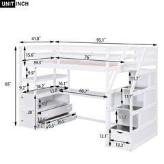 Bellemave® Loft Bed with Desk and Shelves, Two Built-in Drawers, Storage Staircase Bellemave®