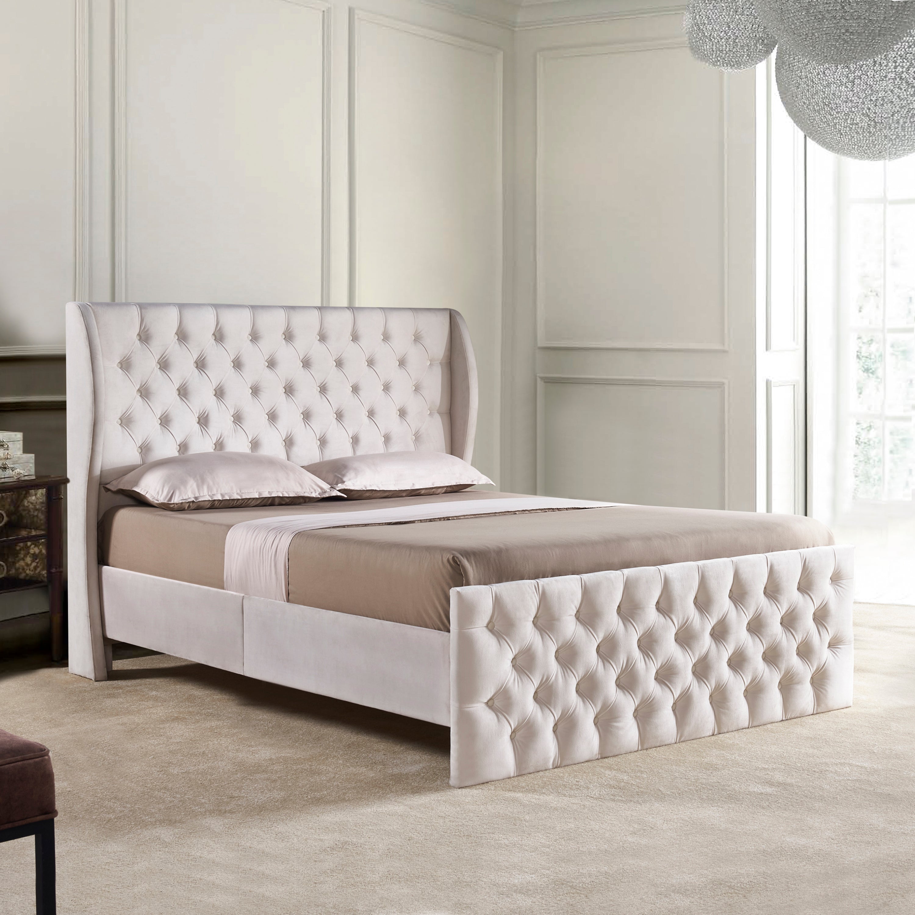 Bellemave® King Size Velvet Upholstered Platform Bed with Scroll Wingback Headboard & Footboard/Button Tufted/No Box Spring Required/Easy Assembly Bellemave®