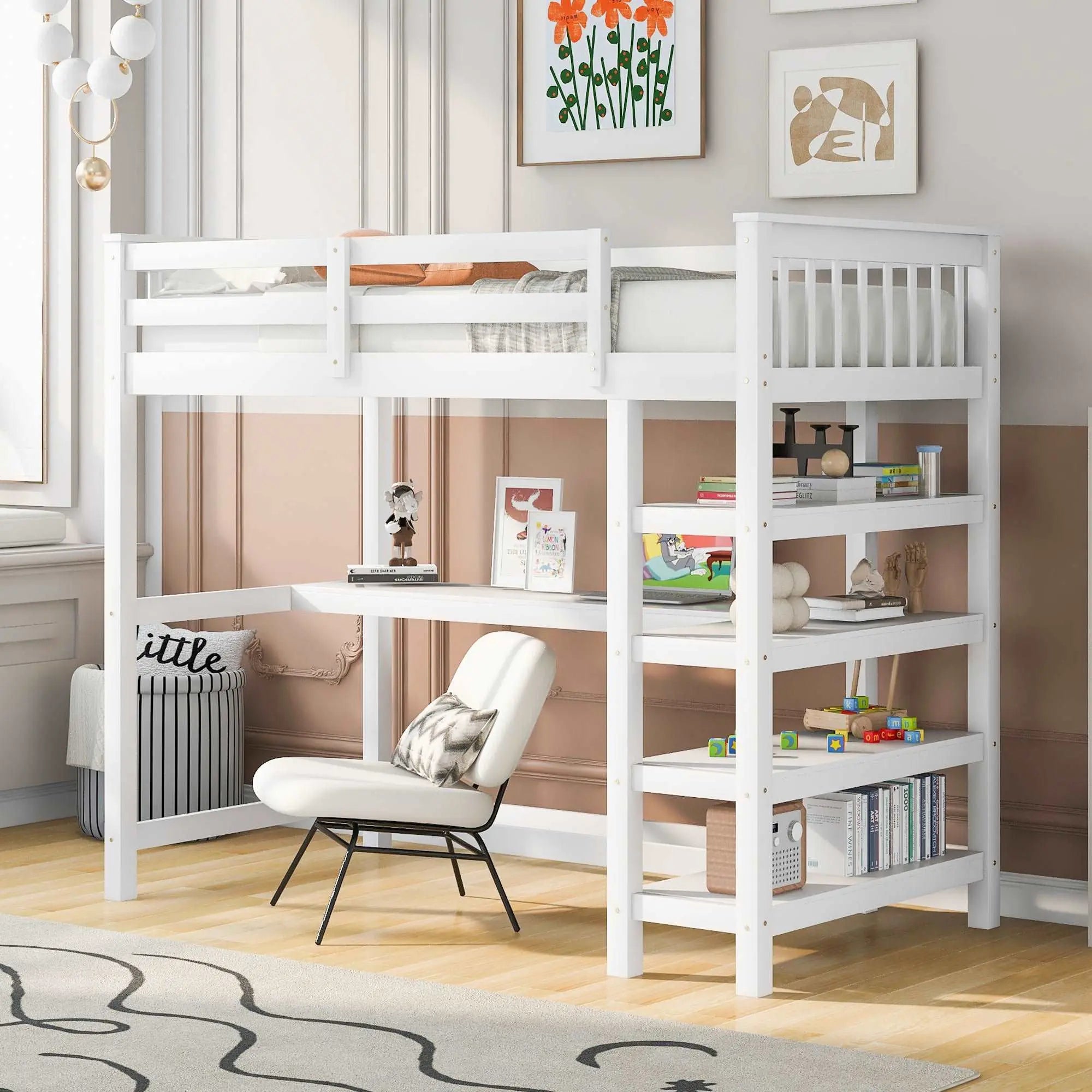 Bellemave Loft Bed with Storage Shelves and Under-bed Desk