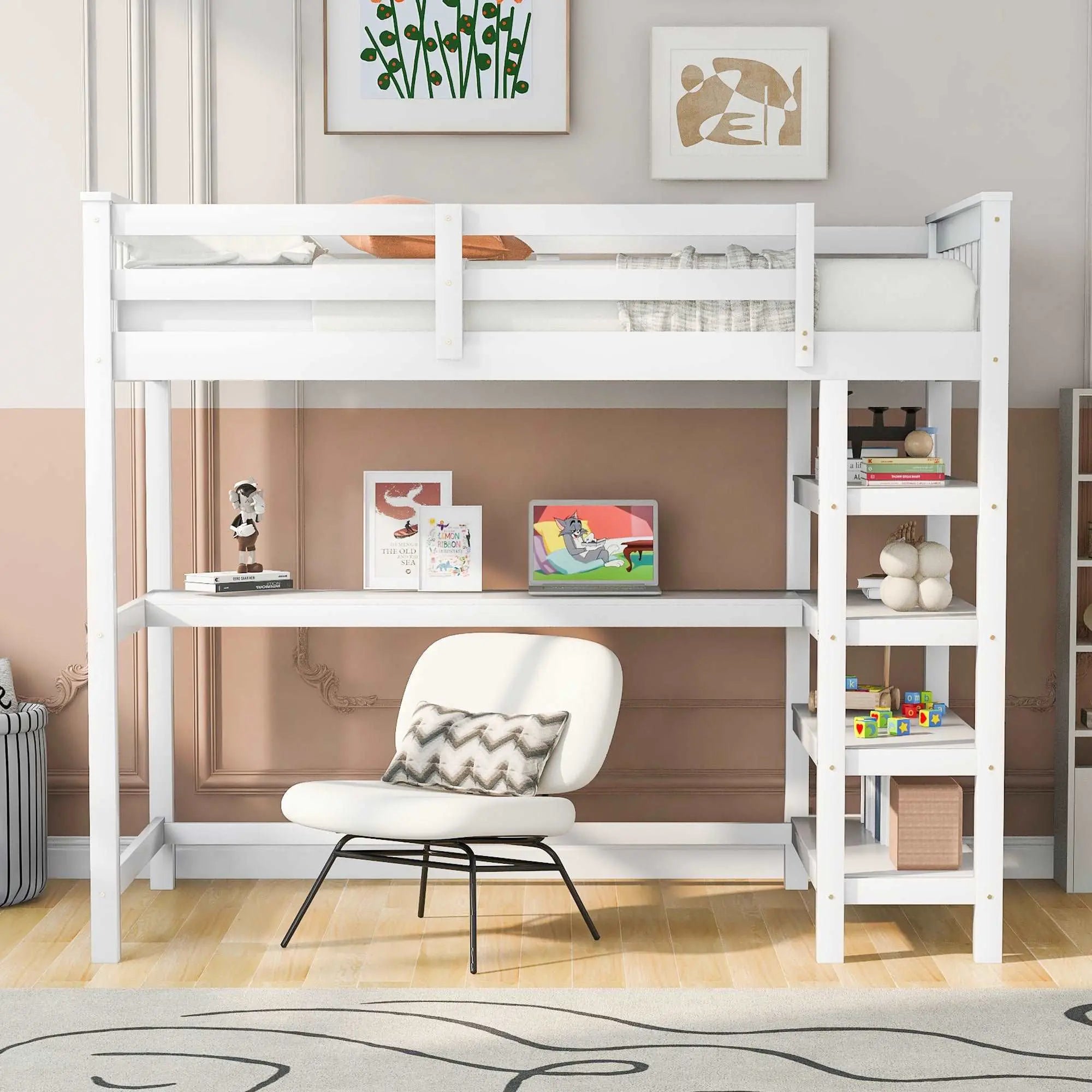 Bellemave Loft Bed with Storage Shelves and Under-bed Desk