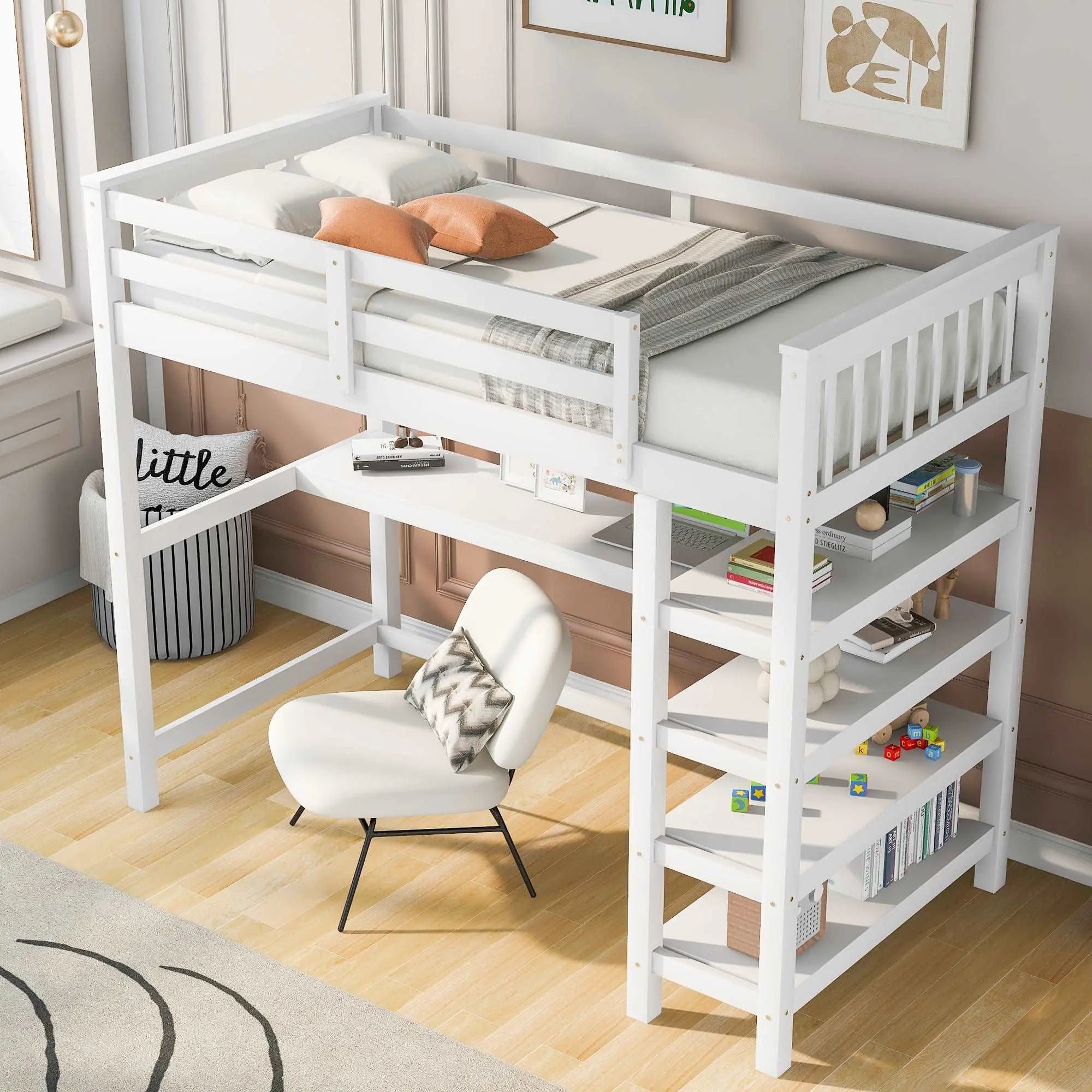 Bellemave Loft Bed with Storage Shelves and Under-bed Desk