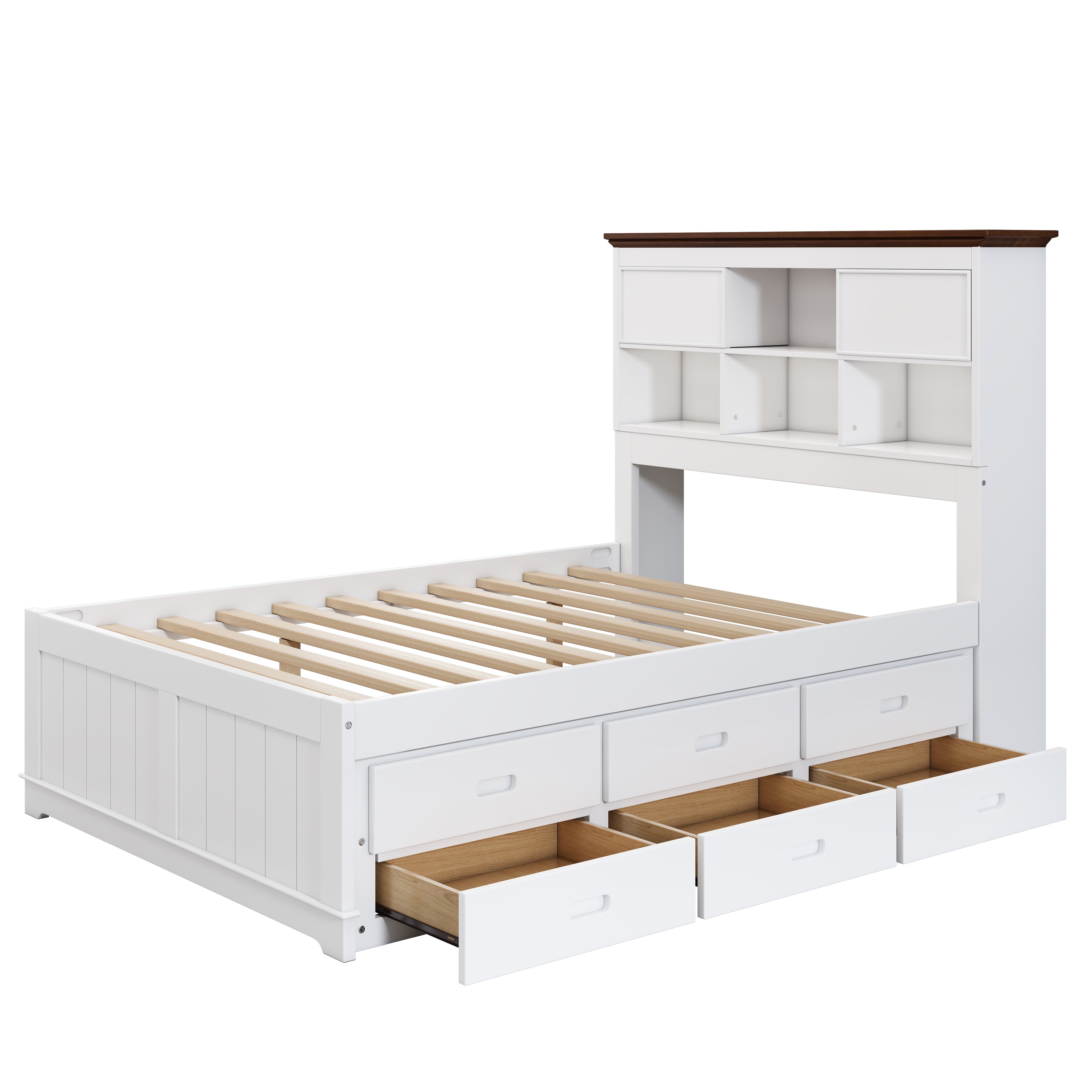 Bellemave Full Size Solid Pine Captain Bookcase Bed with Trundle Bed and 3 Spacious Under Bed Drawers