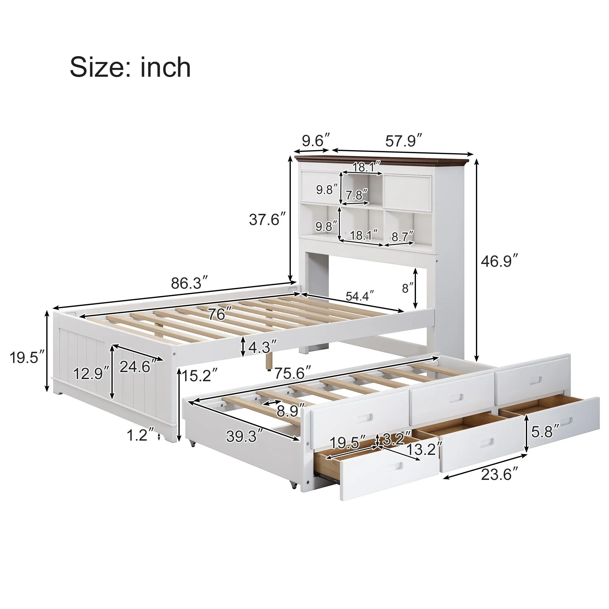 Bellemave Full Size Solid Pine Captain Bookcase Bed with Trundle Bed and 3 Spacious Under Bed Drawers Bellemave