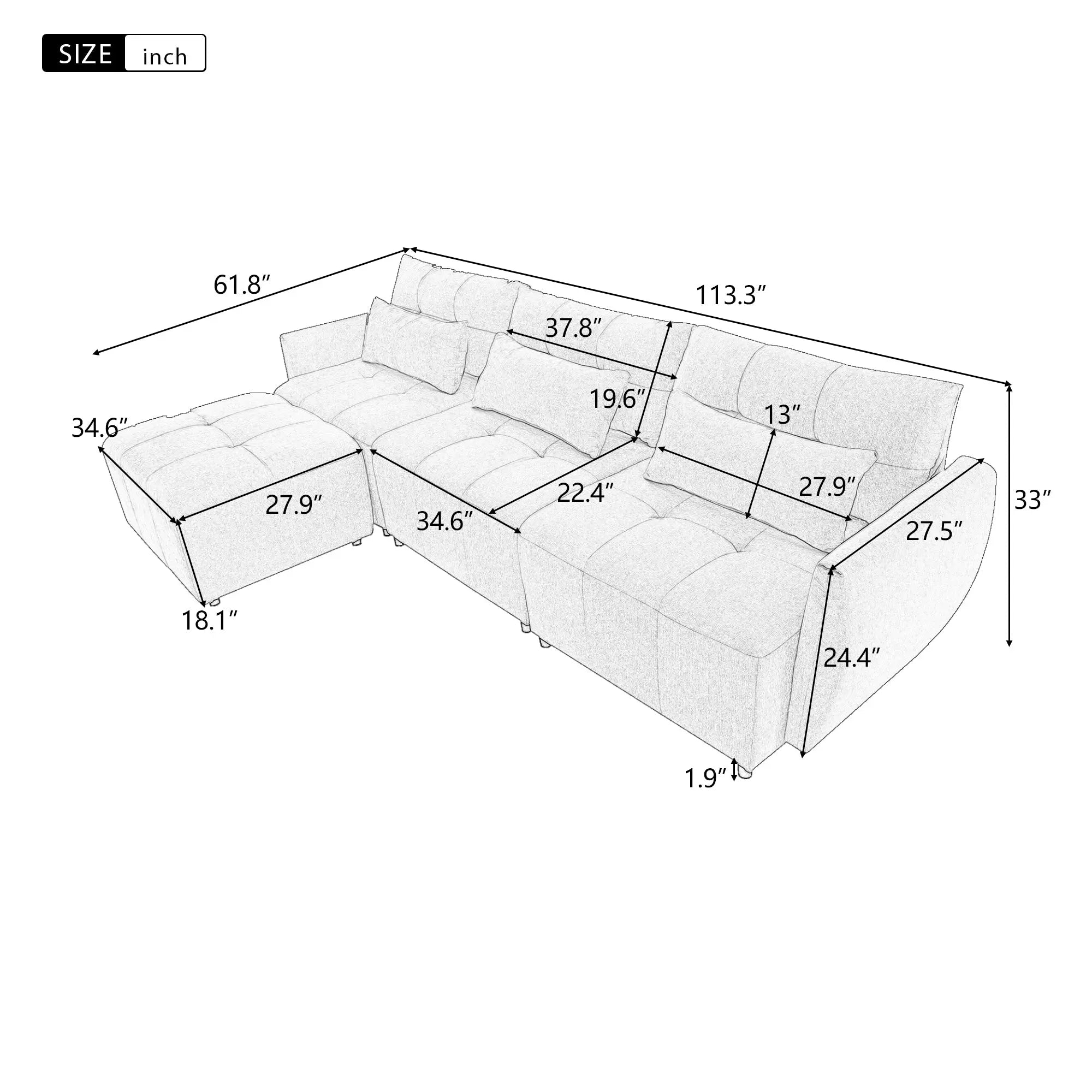 Bellemave® 113.3" Convertible Sectional Sofa Couch 3-Seat L-Shaped Sofa with Movable Ottoman and USB Bellemave