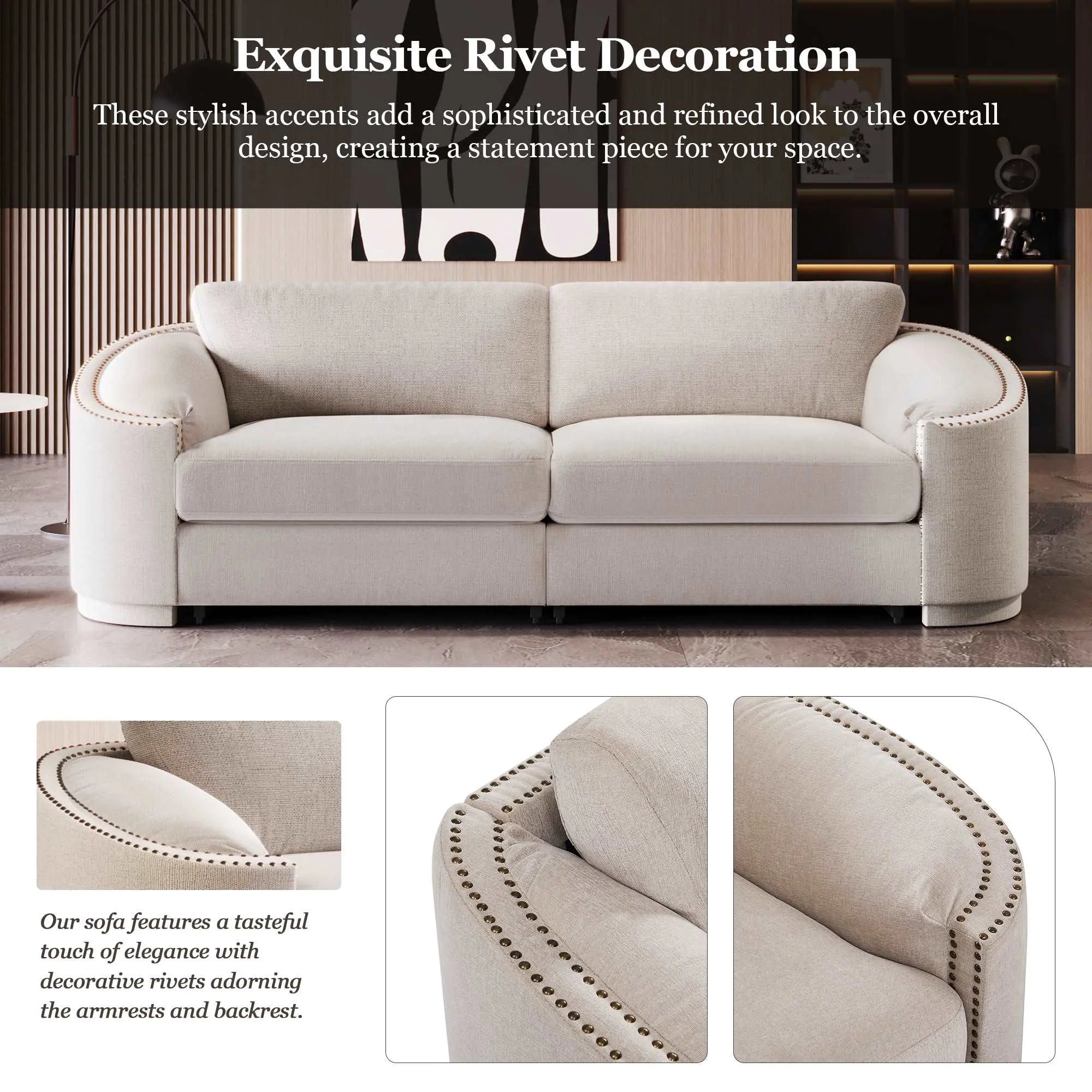 Bellemave 92" Stylish Sofa with Semilunar Arm, Rivet Detailing and Solid Frame