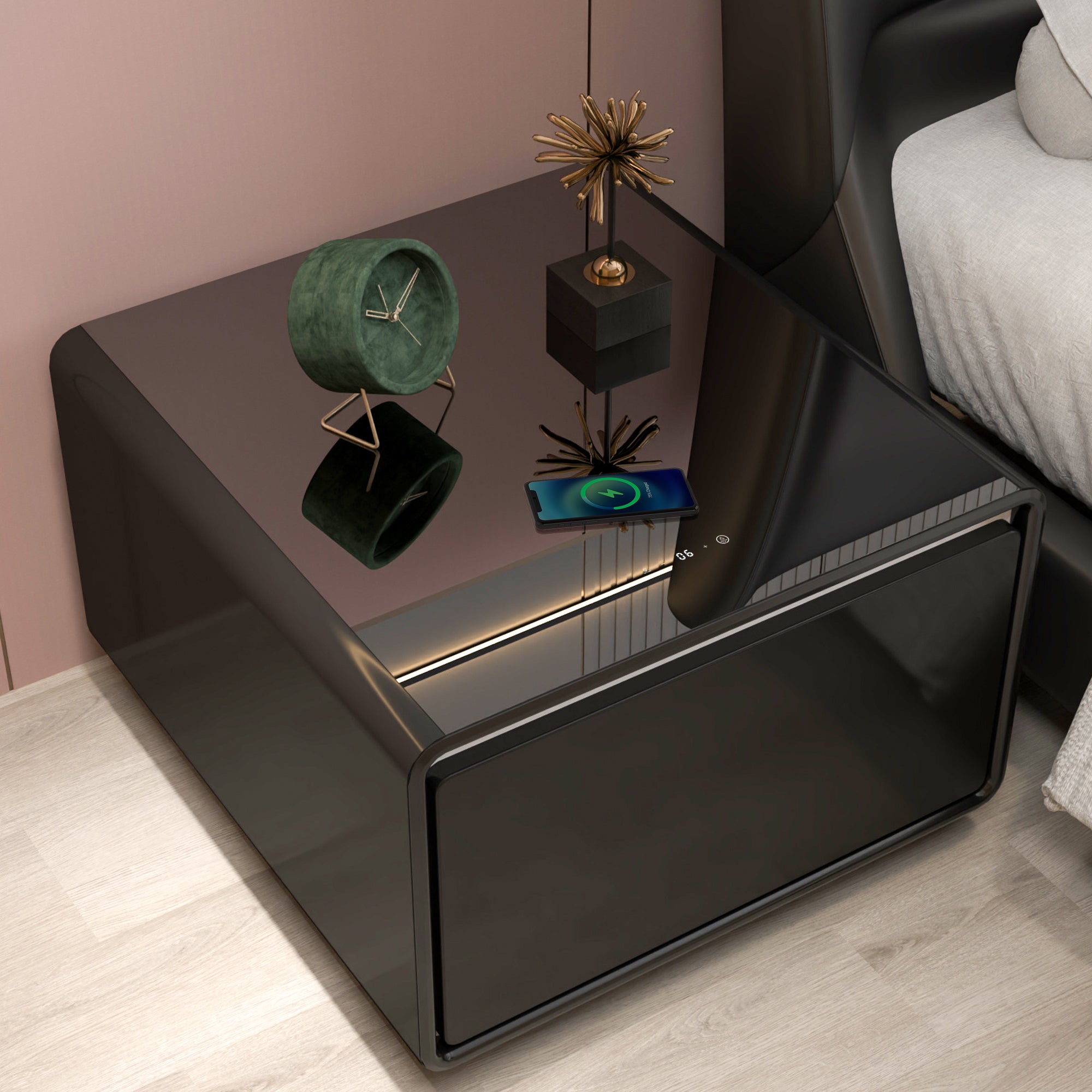 Bellemave Modern Smart Side Table with Built-in Fridge, Wireless Charging, Temperature Control, Power Socket, USB Interface, Outlet Protection, Induction Light