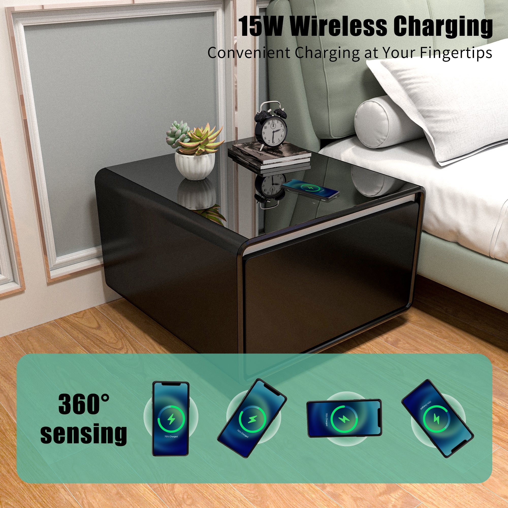 Bellemave Modern Smart Side Table with Built-in Fridge, Wireless Charging, Temperature Control, Power Socket, USB Interface, Outlet Protection, Induction Light