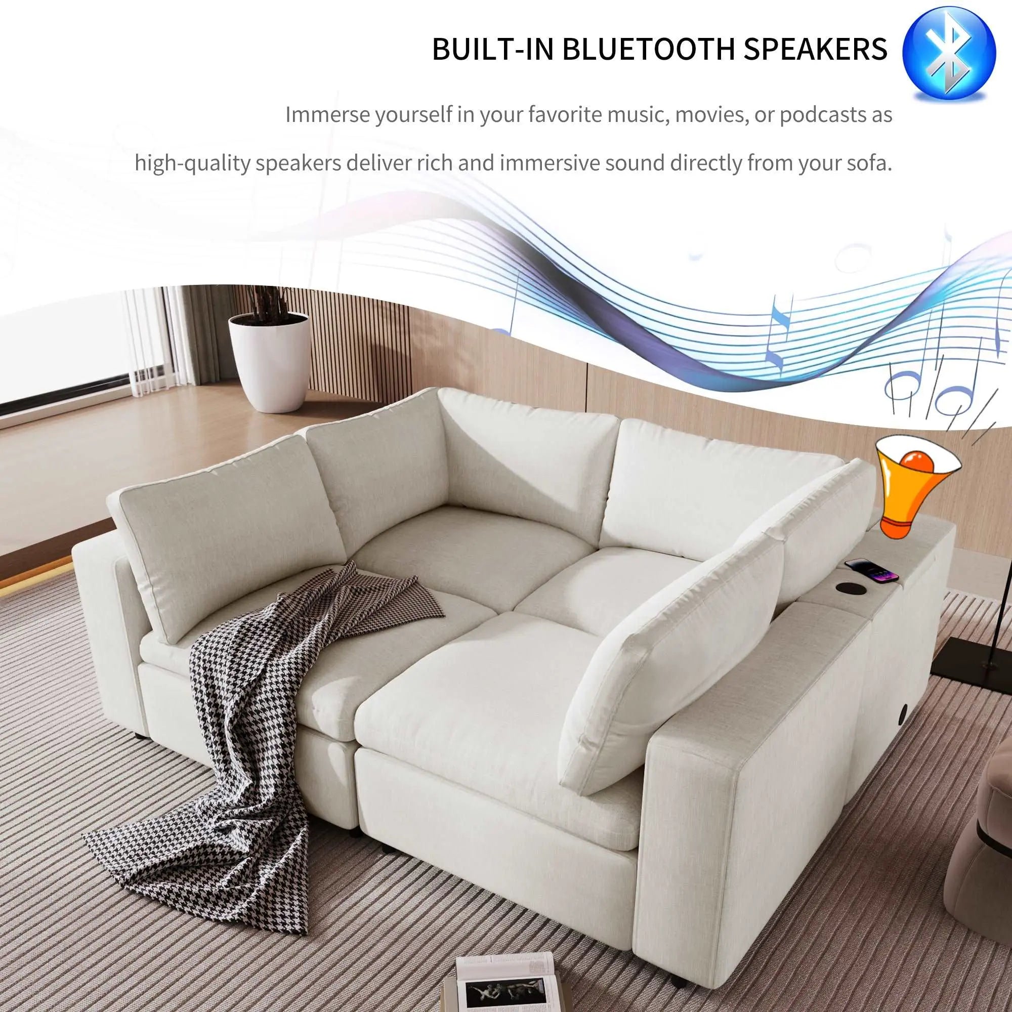 Bellemave 105.9" Upholstered Modular Sofa with USB Charge Ports,Wireless Charging and Built-in Bluetooth Speaker in Arm