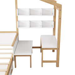 Bellemave® Full Size Wooden House Bed White and Original Wood Color Frame with Drawer