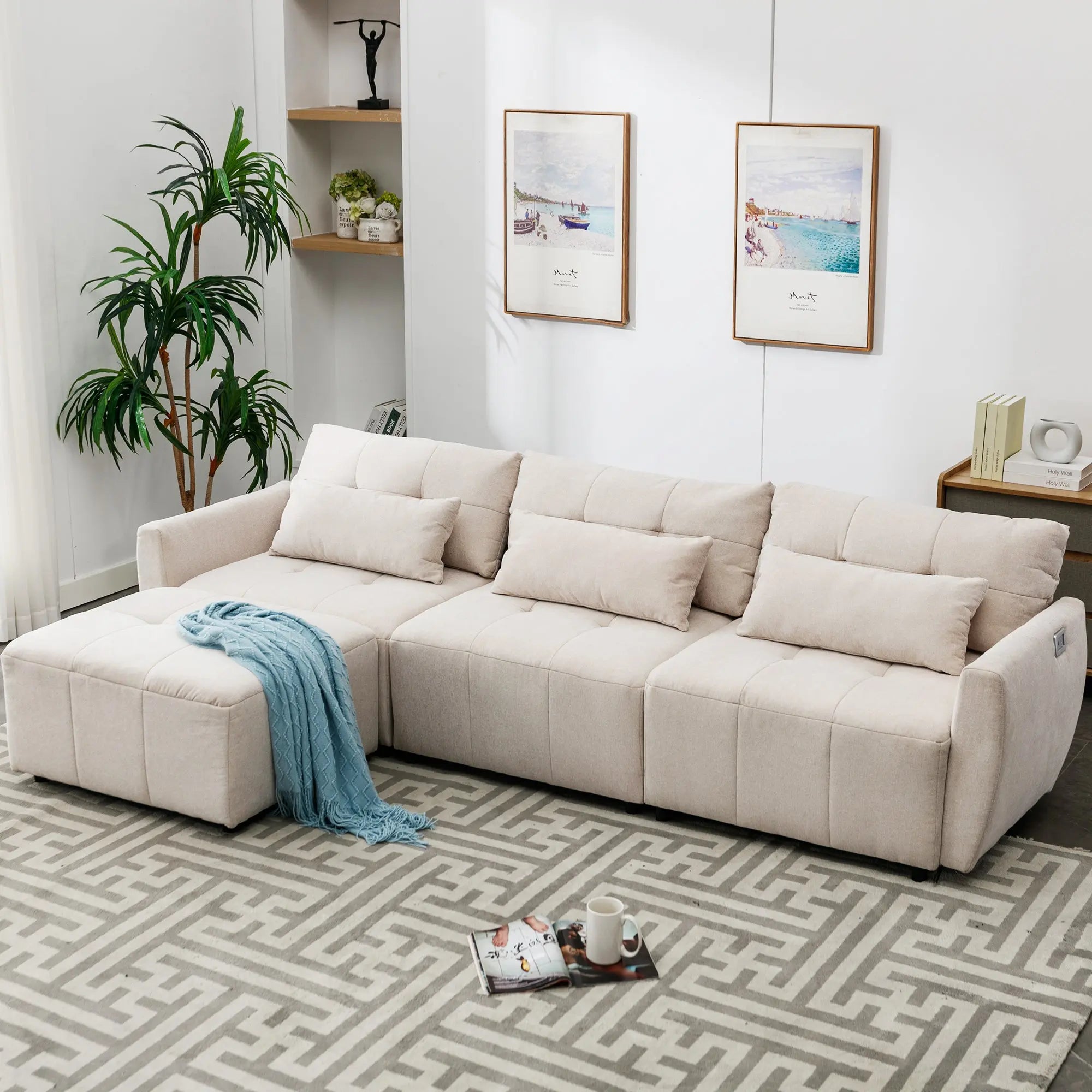 Bellemave® 113.3" Convertible Sectional Sofa Couch 3-Seat L-Shaped Sofa with Movable Ottoman and USB Bellemave