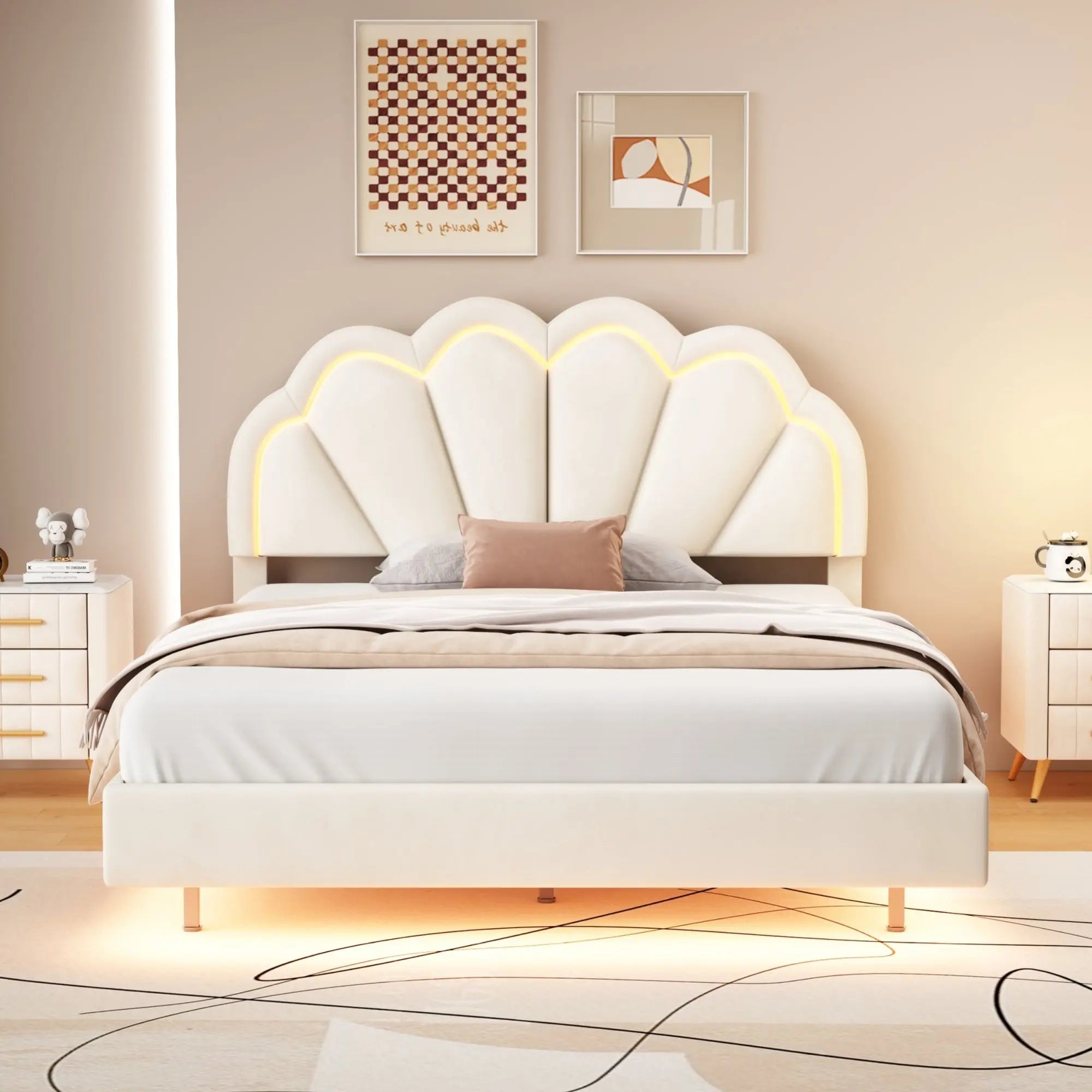 Bellemave® Floating Velvet Upholstered Smart LED Platform Bed with Elegant Flowers Headboard and Wooden Slats Support Bellemave®