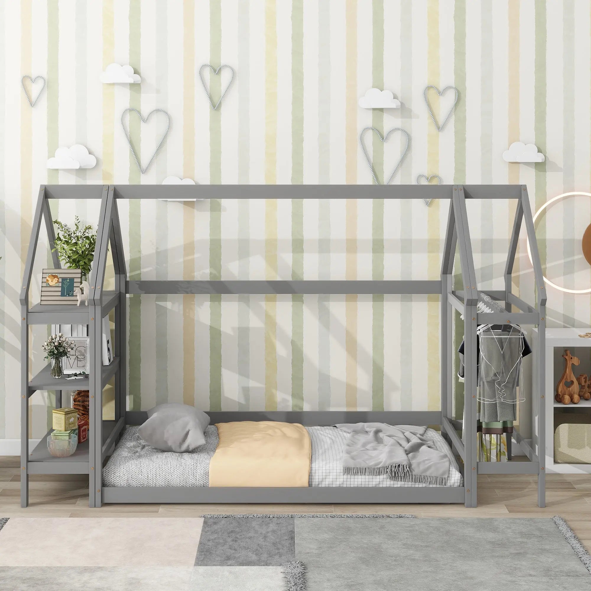 Bellemave Twin Size House-Shaped Floor Bed with 2 Detachable Stands Bellemave