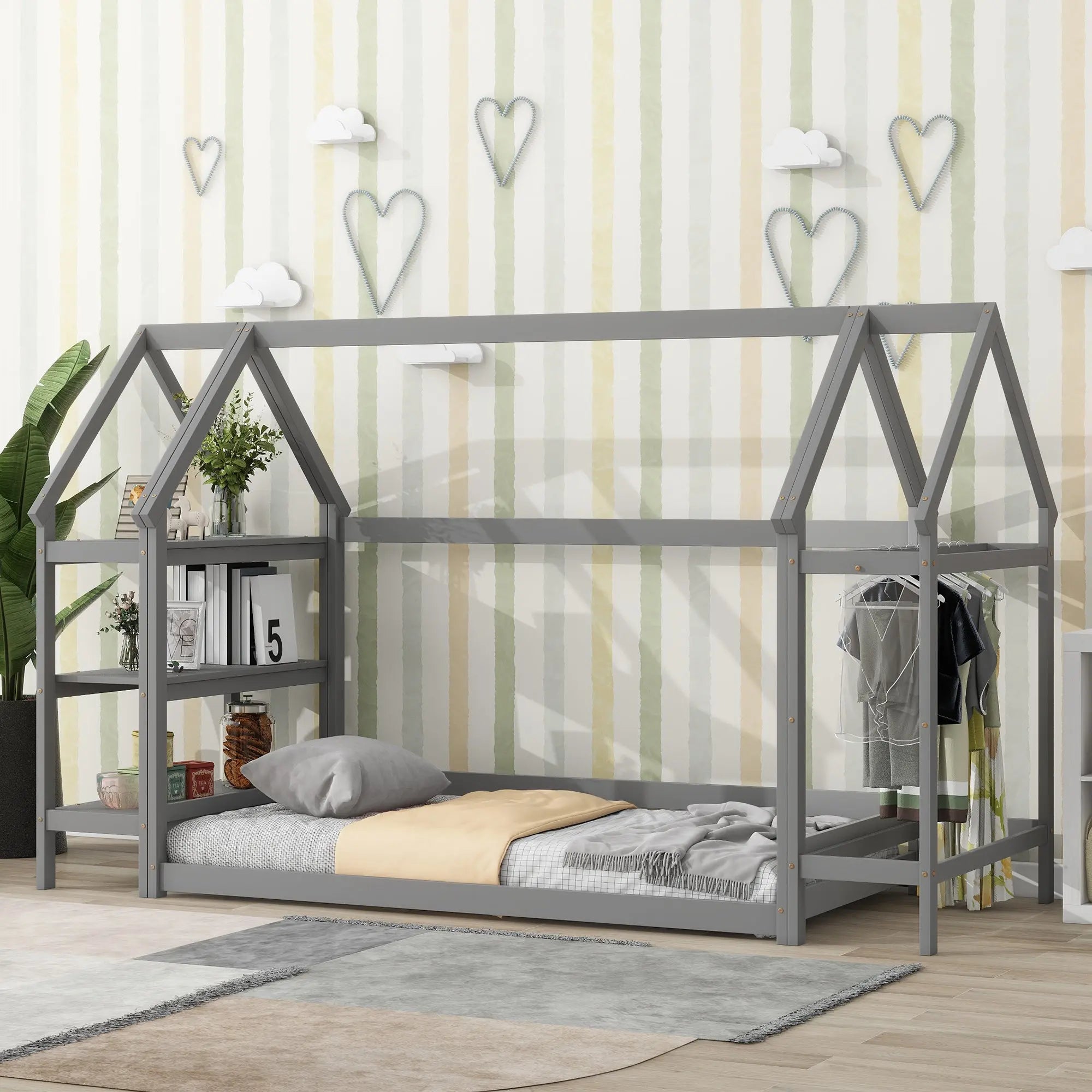 Bellemave Twin Size House-Shaped Floor Bed with 2 Detachable Stands Bellemave