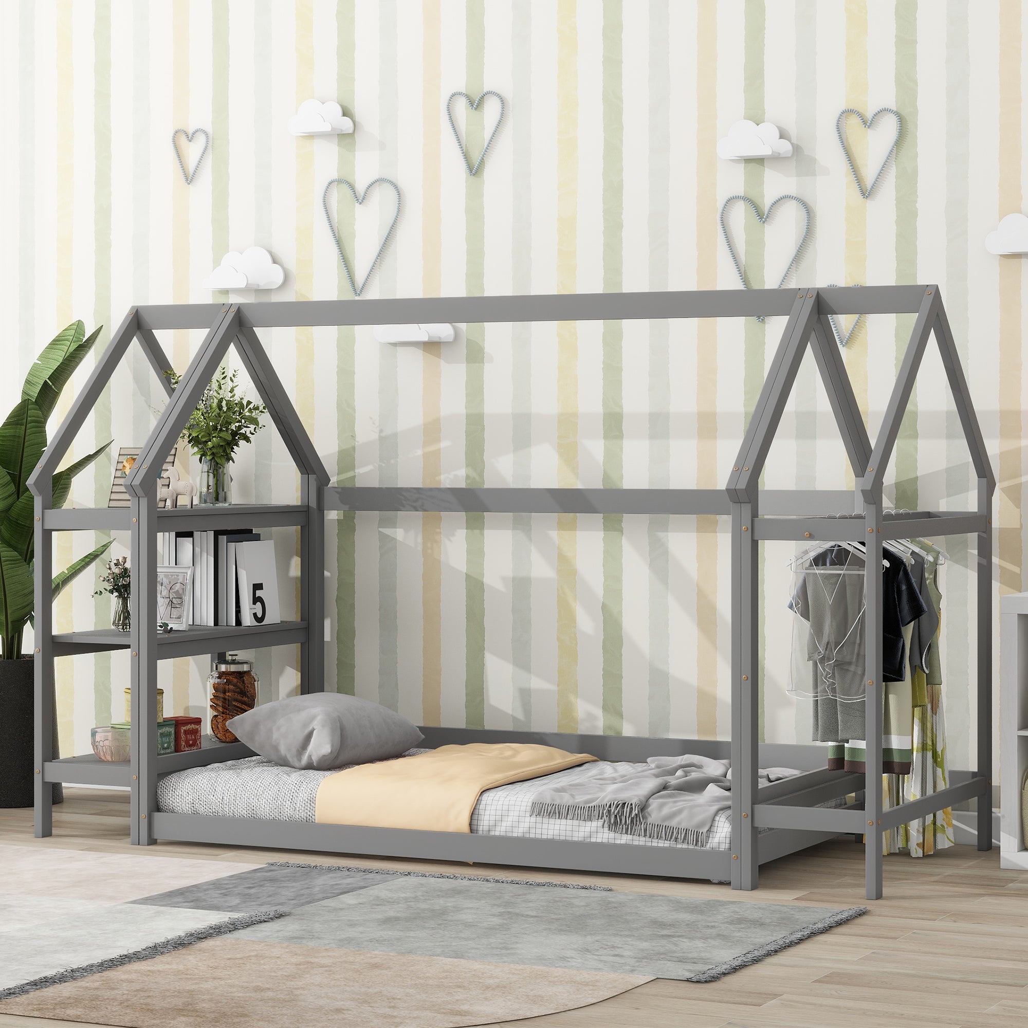Bellemave Twin Size House-Shaped Floor Bed with 2 Detachable Stands