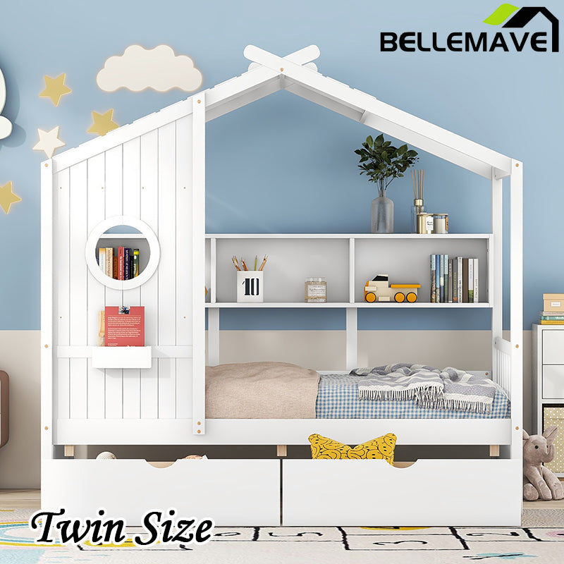 Bellemave® Wooden House Bed with 2 Drawers and Storage Shelf