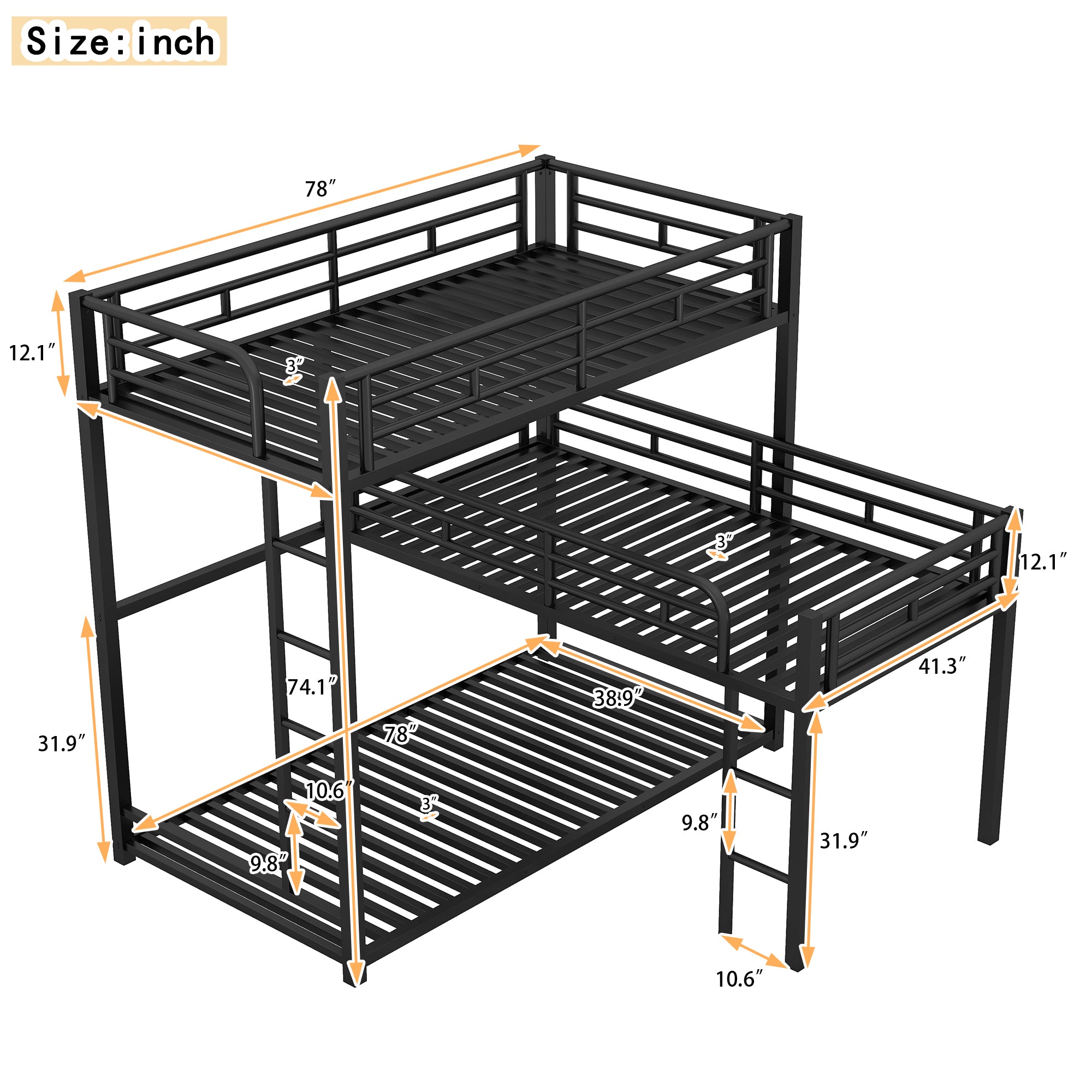 Bellemave Twin Size L-shaped Metal Triple Bunk Bed
