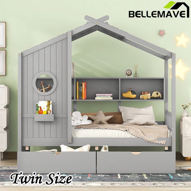 Bellemave® Full Size Wooden House Bed with 2 Drawers and Storage Shelf