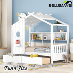 Bellemave® Wooden House Bed with 2 Drawers and Storage Shelf