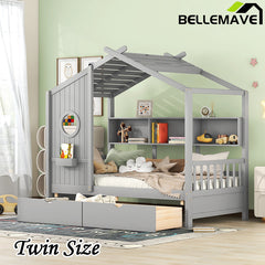 Bellemave® Full Size Wooden House Bed with 2 Drawers and Storage Shelf