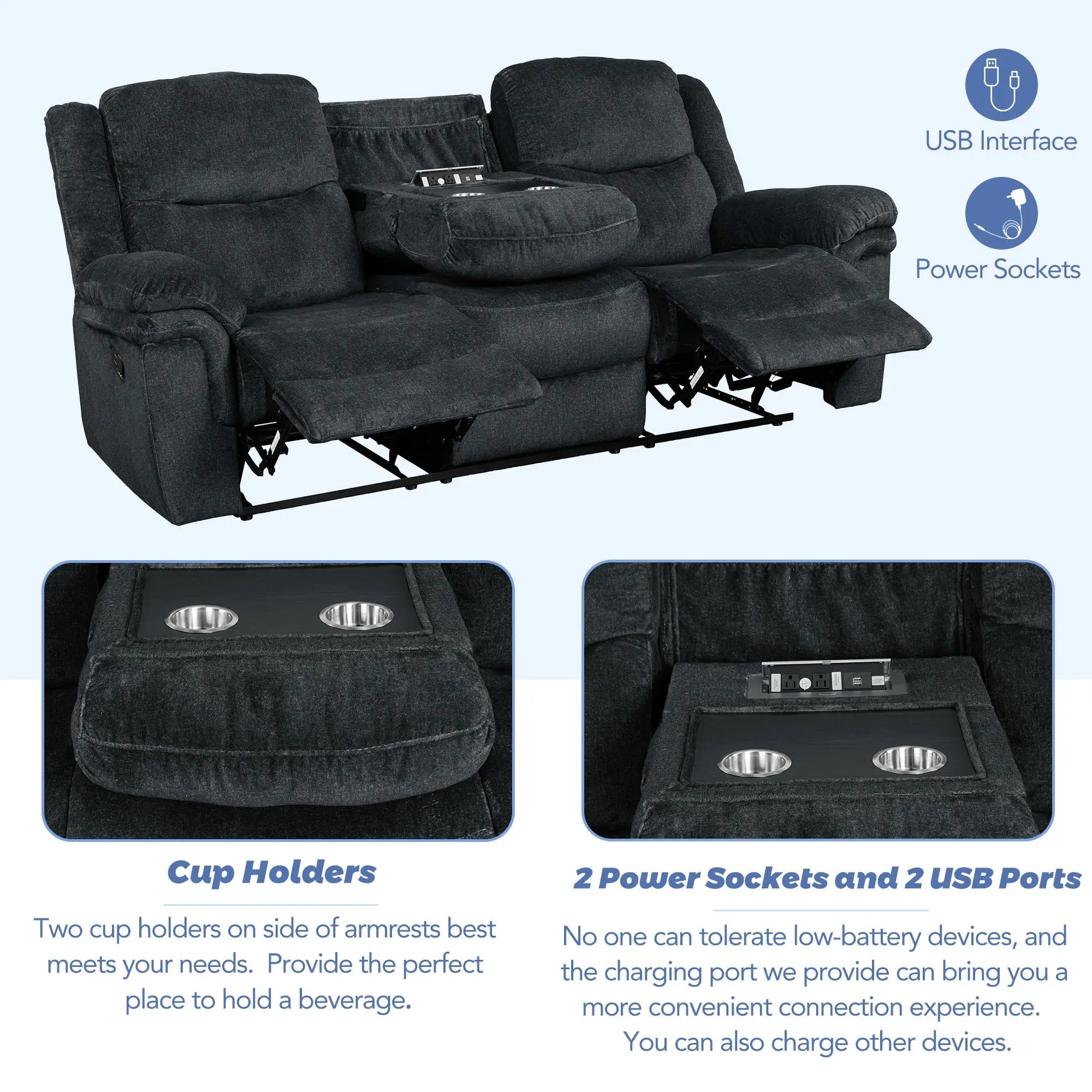 Bellemave® Home Theater Seating Manual Reclining Sofa with Cup Holder, 2 USB Ports, 2 Power Sockets Bellemave®