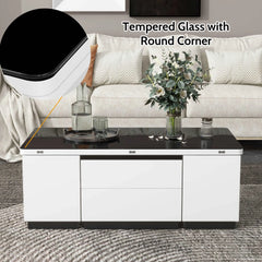 Bellemave 47.24" Modern White Lift Top Glass Coffee Table with Drawers & Storage Multifunction Table