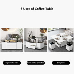 Bellemave 47.24" Modern White Lift Top Glass Coffee Table with Drawers & Storage Multifunction Table