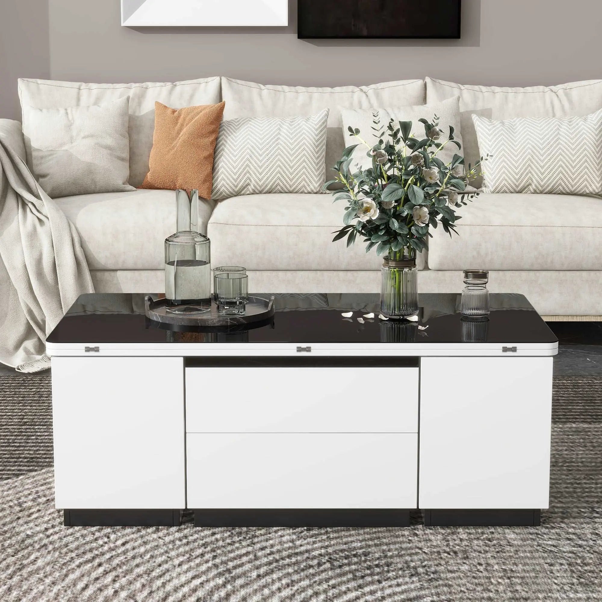 Bellemave 47.24" Modern White Lift Top Glass Coffee Table with Drawers & Storage Multifunction Table