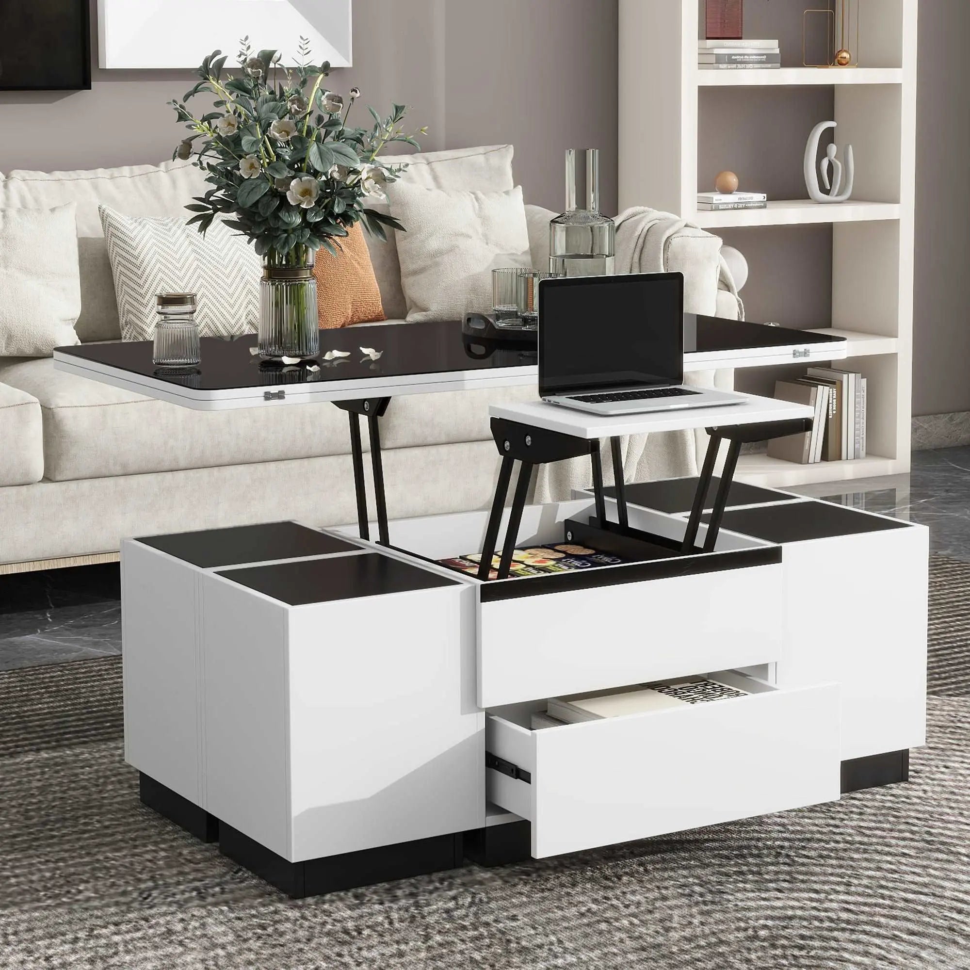 Bellemave 47.24" Modern White Lift Top Glass Coffee Table with Drawers & Storage Multifunction Table