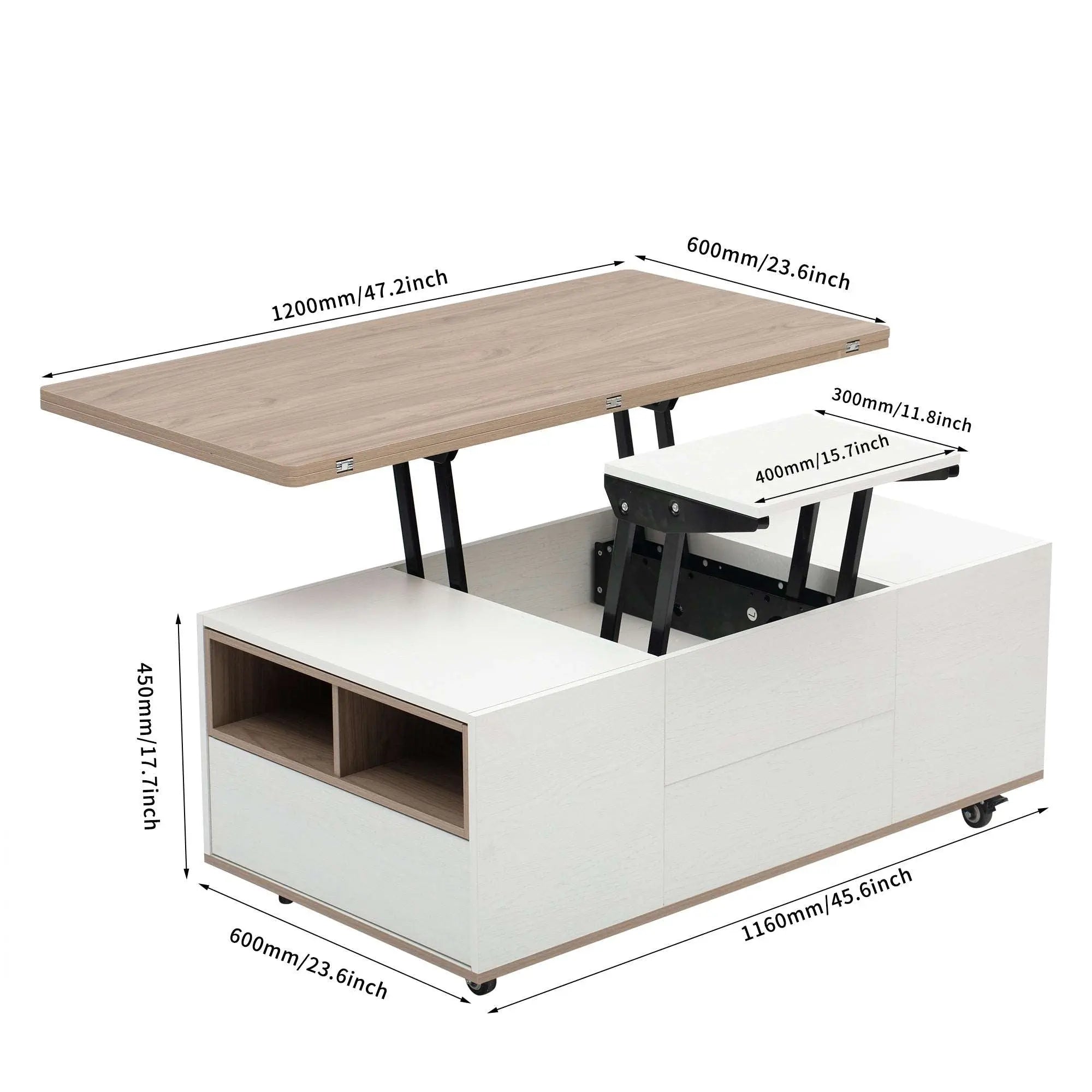 Bellemave 47.24" Modern Walnut & White Lift Top Coffee Table Multifunctional Table with Drawers & Shelves