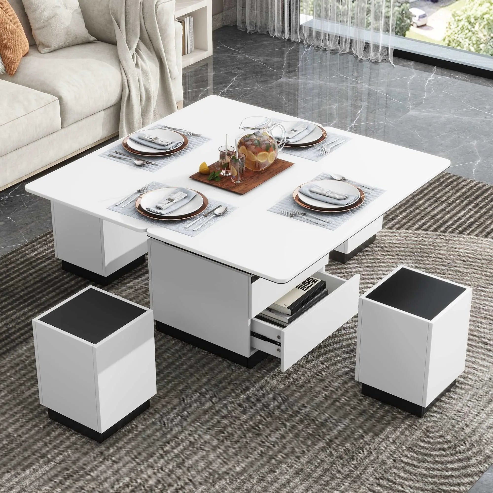 Bellemave 47.24" Modern White Lift Top Glass Coffee Table with Drawers & Storage Multifunction Table