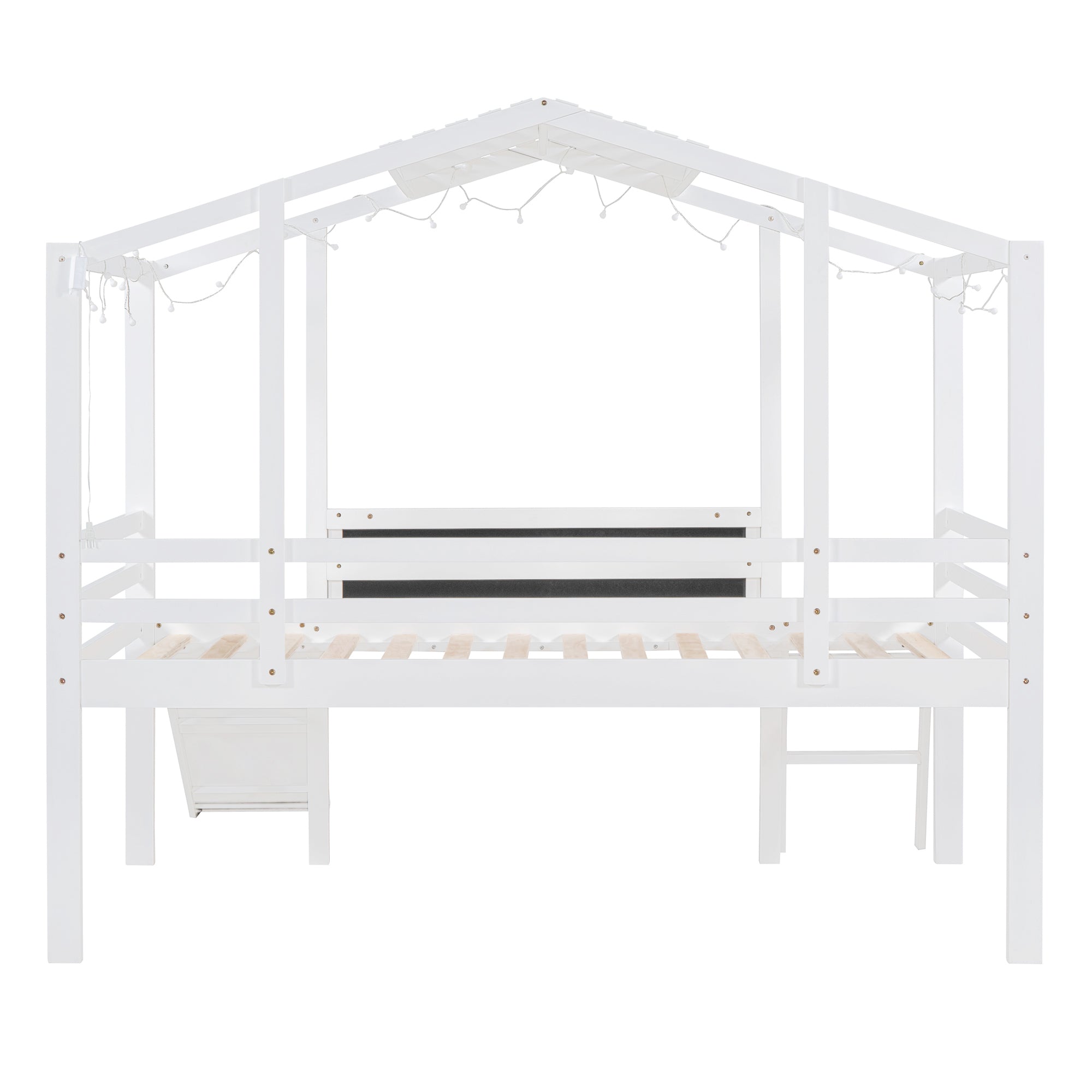 Bellemave Twin Size Loft Bed with Ladder and Slide, House Bed with Blackboard and Light Strip on the Roof