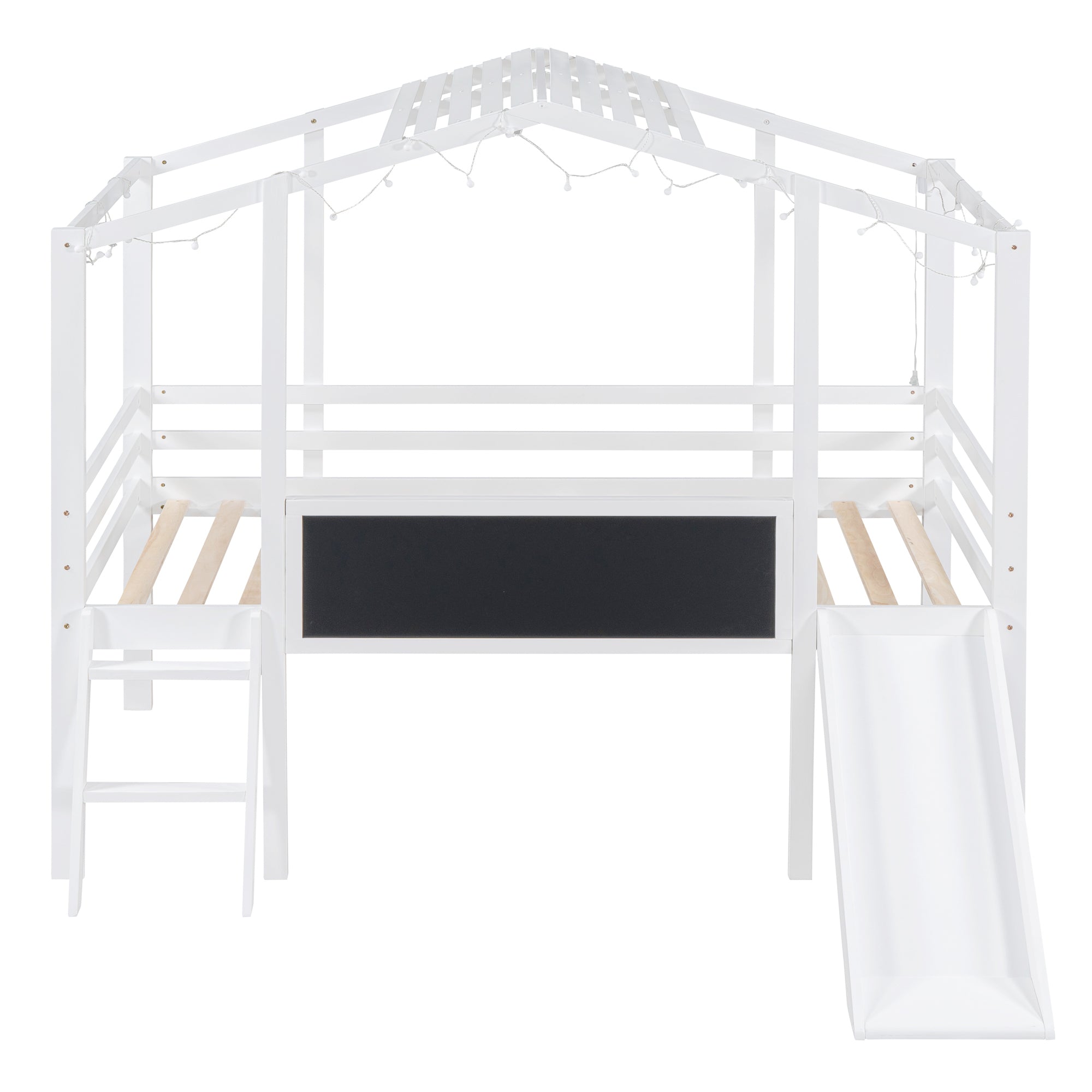Bellemave Twin Size Loft Bed with Ladder and Slide, House Bed with Blackboard and Light Strip on the Roof