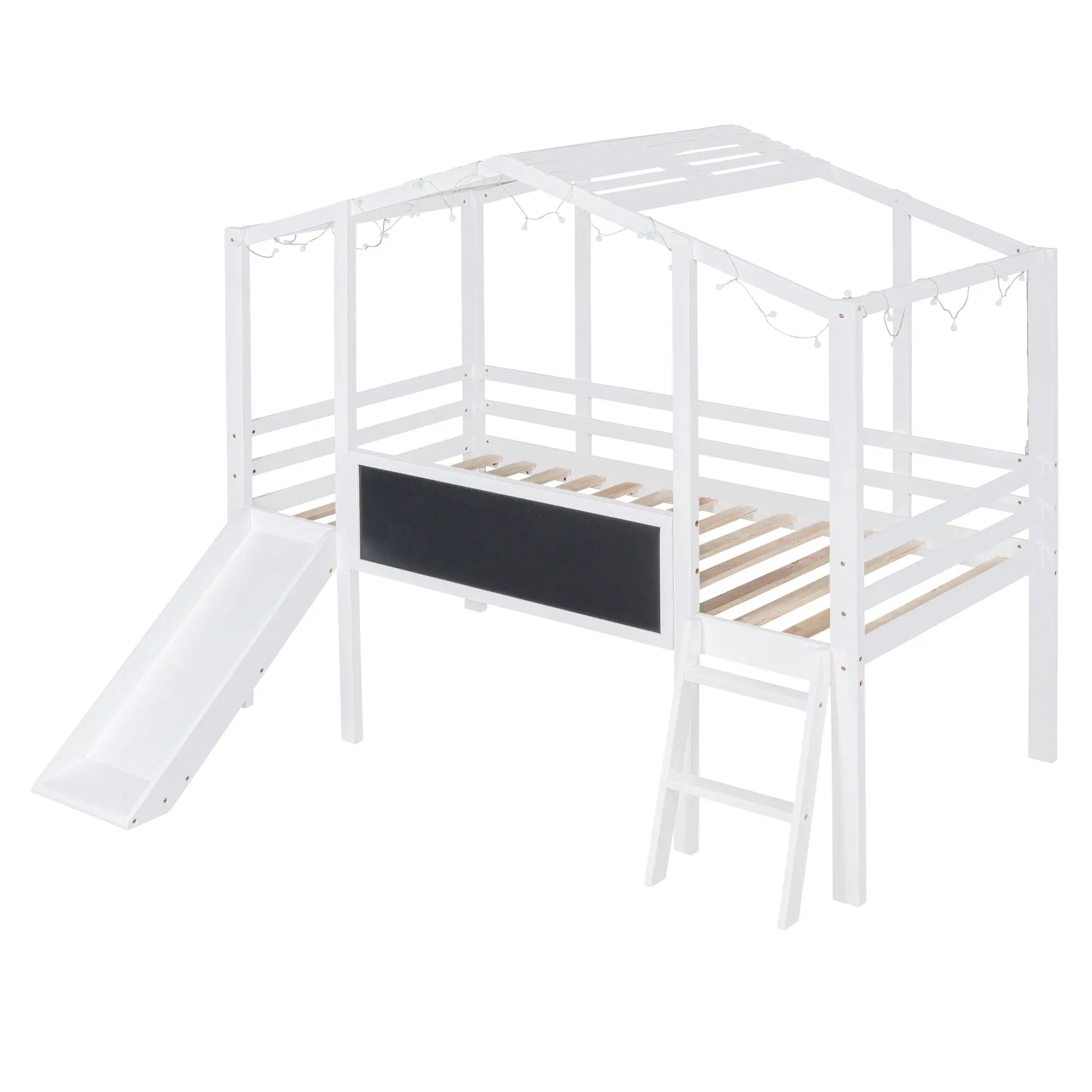 Bellemave® Twin Size House Loft Bed with Ladder and Slide,Blackboard and Light Strip on the Roof Bellemave®