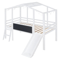 Bellemave® Twin Size House Loft Bed with Ladder and Slide,Blackboard and Light Strip on the Roof Bellemave®