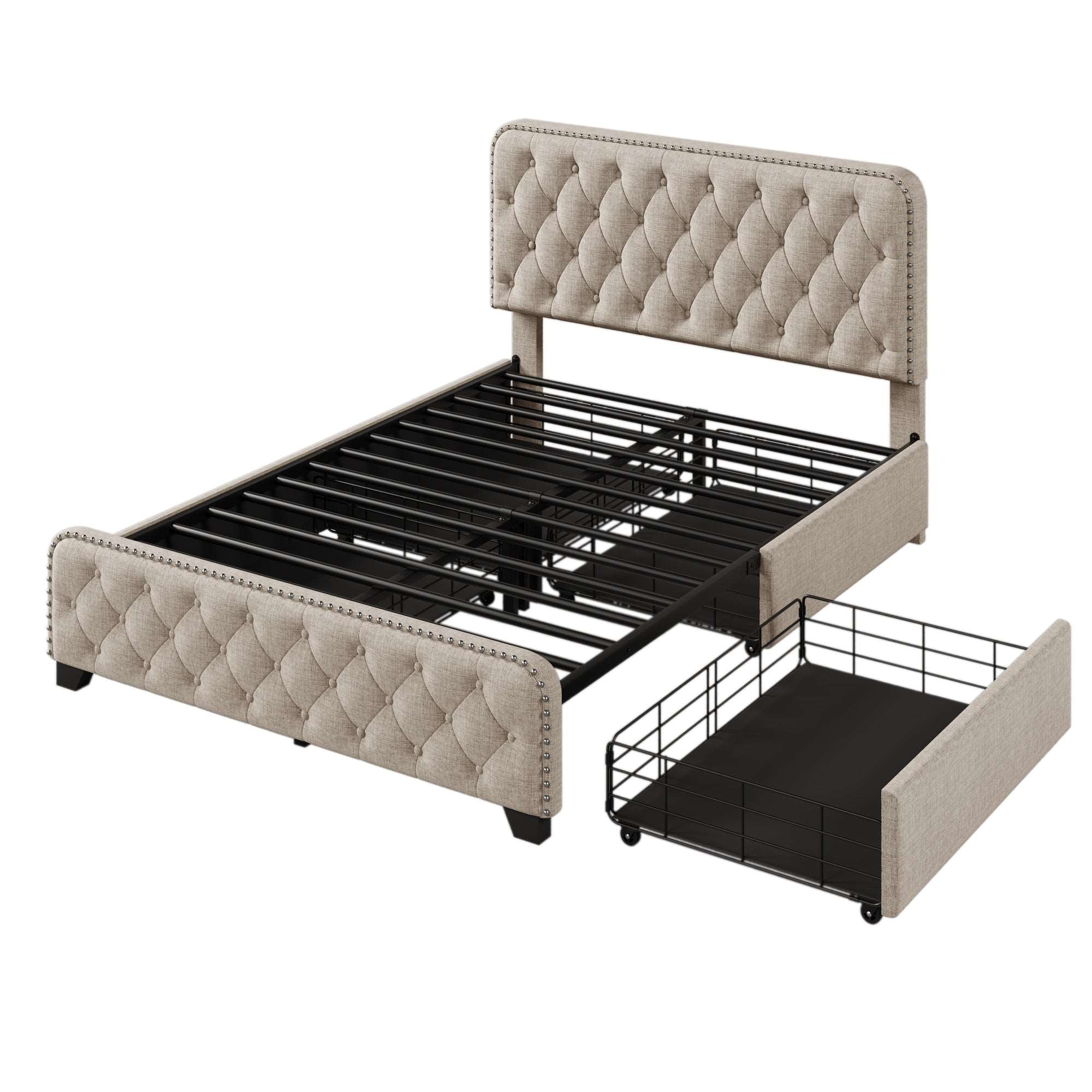 Bellemave Upholstered Platform Bed with 4 Drawers, Button Tufted Headboard and Footboard Sturdy Metal Support