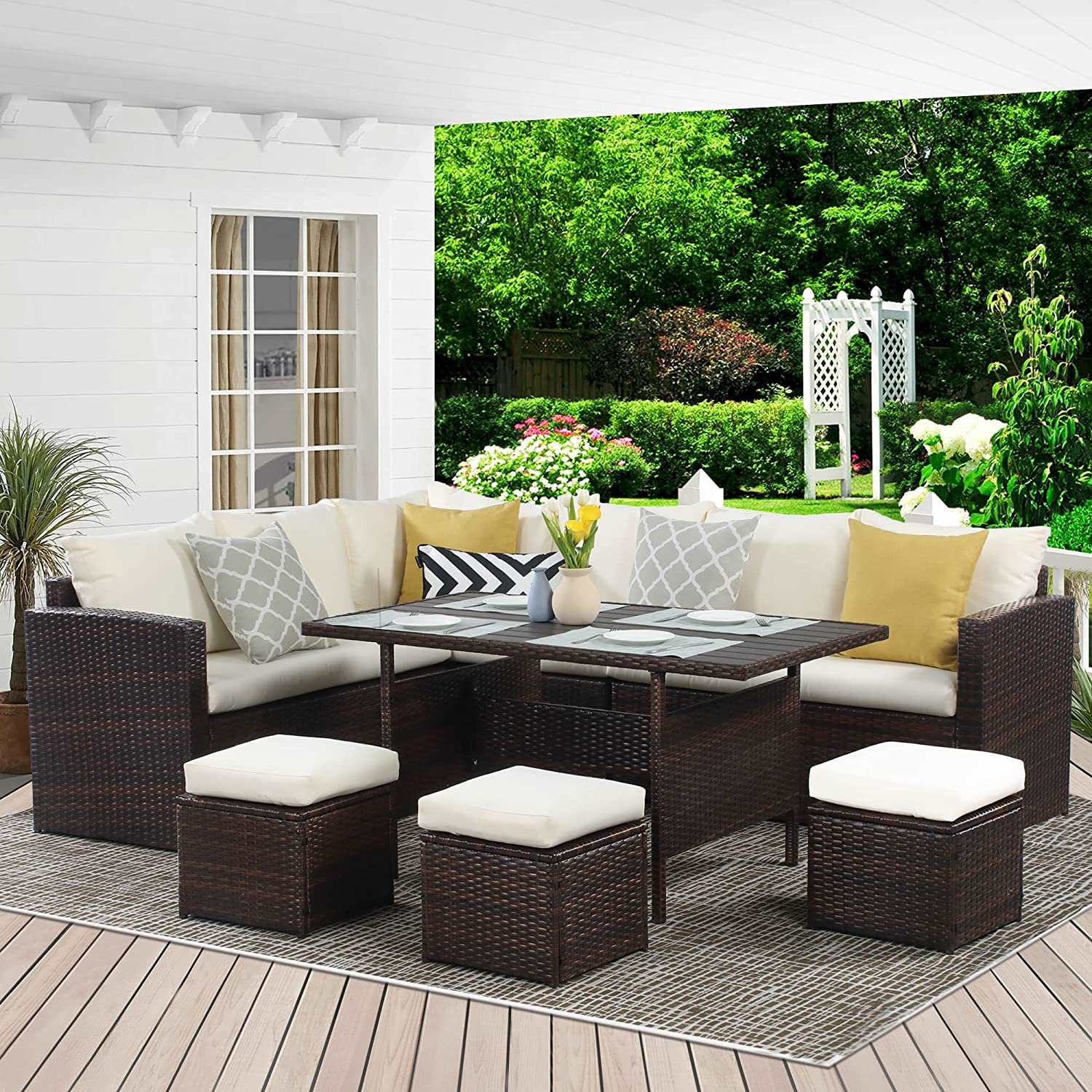 Bellemave 7-Pieces PE Rattan Wicker Patio Dining Sectional Cusions Sofa Set with Cushions