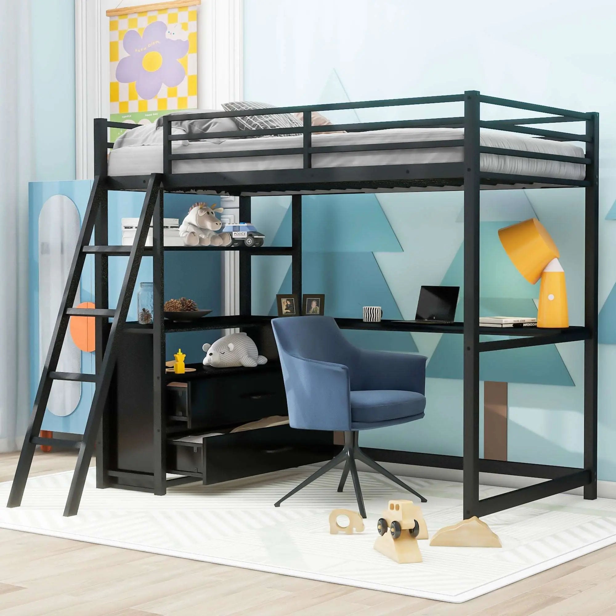 Bellemave Twin Size Metal&Wood Loft Bed with Desk and Shelves, Two Built-in Drawers