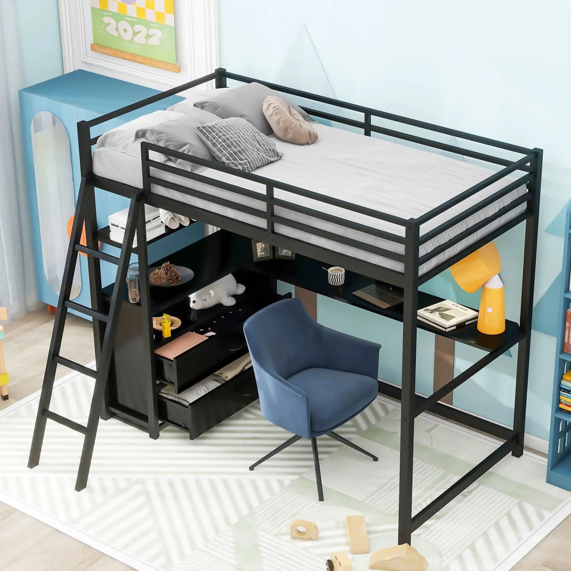 Bellemave Twin Size Metal&Wood Loft Bed with Desk and Shelves, Two Built-in Drawers