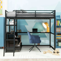 Bellemave Twin Size Metal&Wood Loft Bed with Desk and Shelves, Two Built-in Drawers