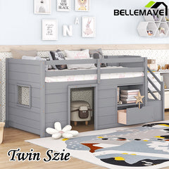 Bellemave® Twin Size Low Loft Bed with Stair, Drawer and Shelf, Built-In Space Under Bed