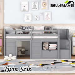 Bellemave® Twin Size Low Loft Bed with Stair, Drawer and Shelf, Built-In Space Under Bed