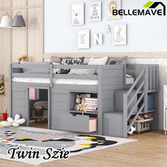 Bellemave® Twin Size Low Loft Bed with Stair, Drawer and Shelf, Built-In Space Under Bed