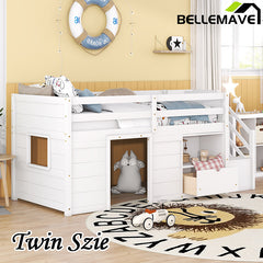 Bellemave® Twin Size Low Loft Bed with Stair, Drawer and Shelf, Built-In Space Under Bed