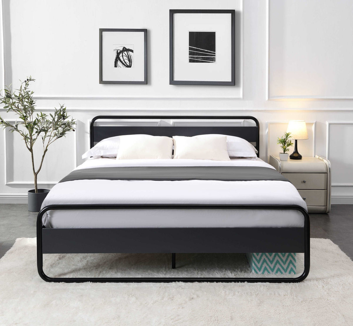 Bellemave Queen Size Industrial Platform Bed with Rustic Headboard and Footboard, Strong Steel Slat Support