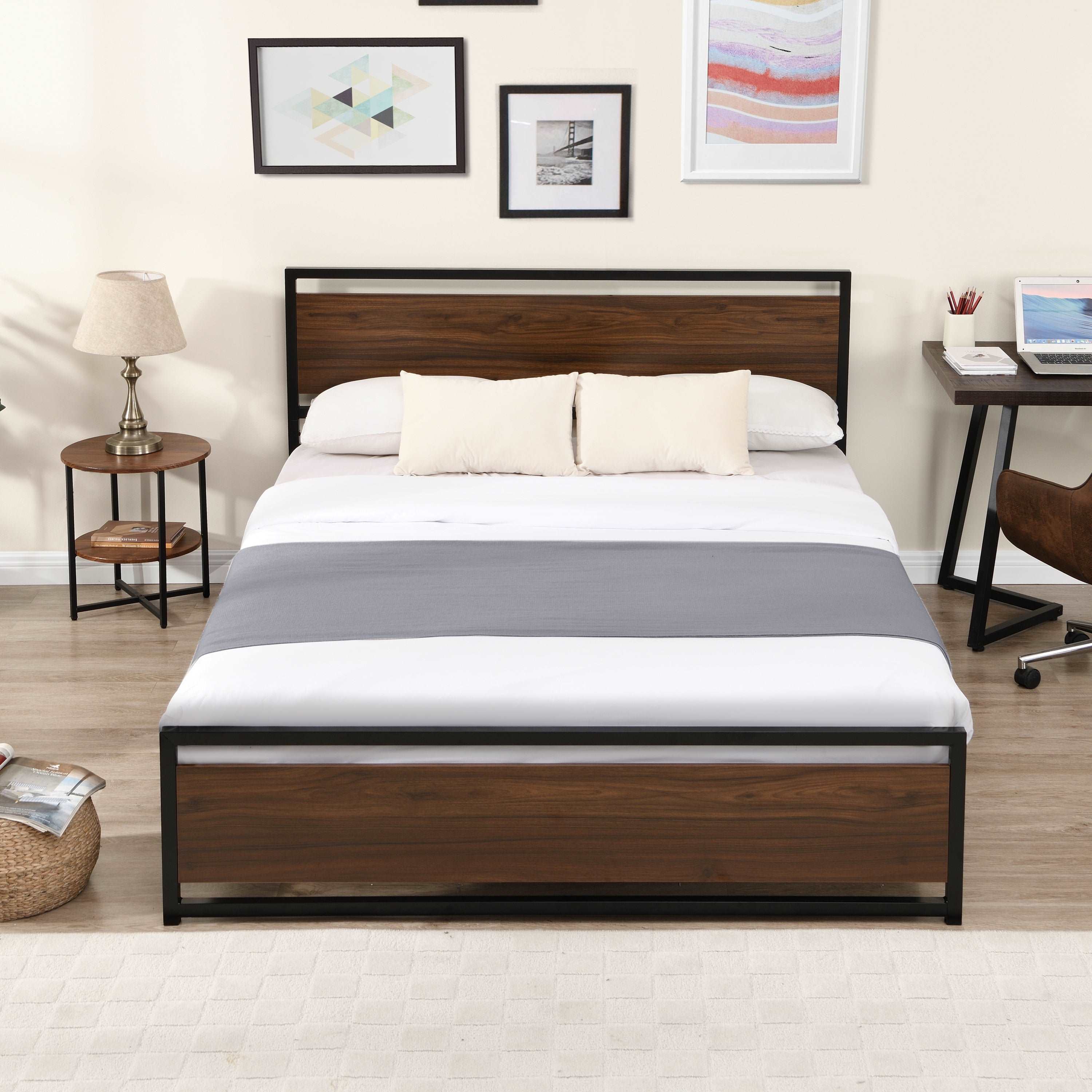 Bellemave Platform Bed with Rustic Headboard and Footboard, Strong Steel Slat Support