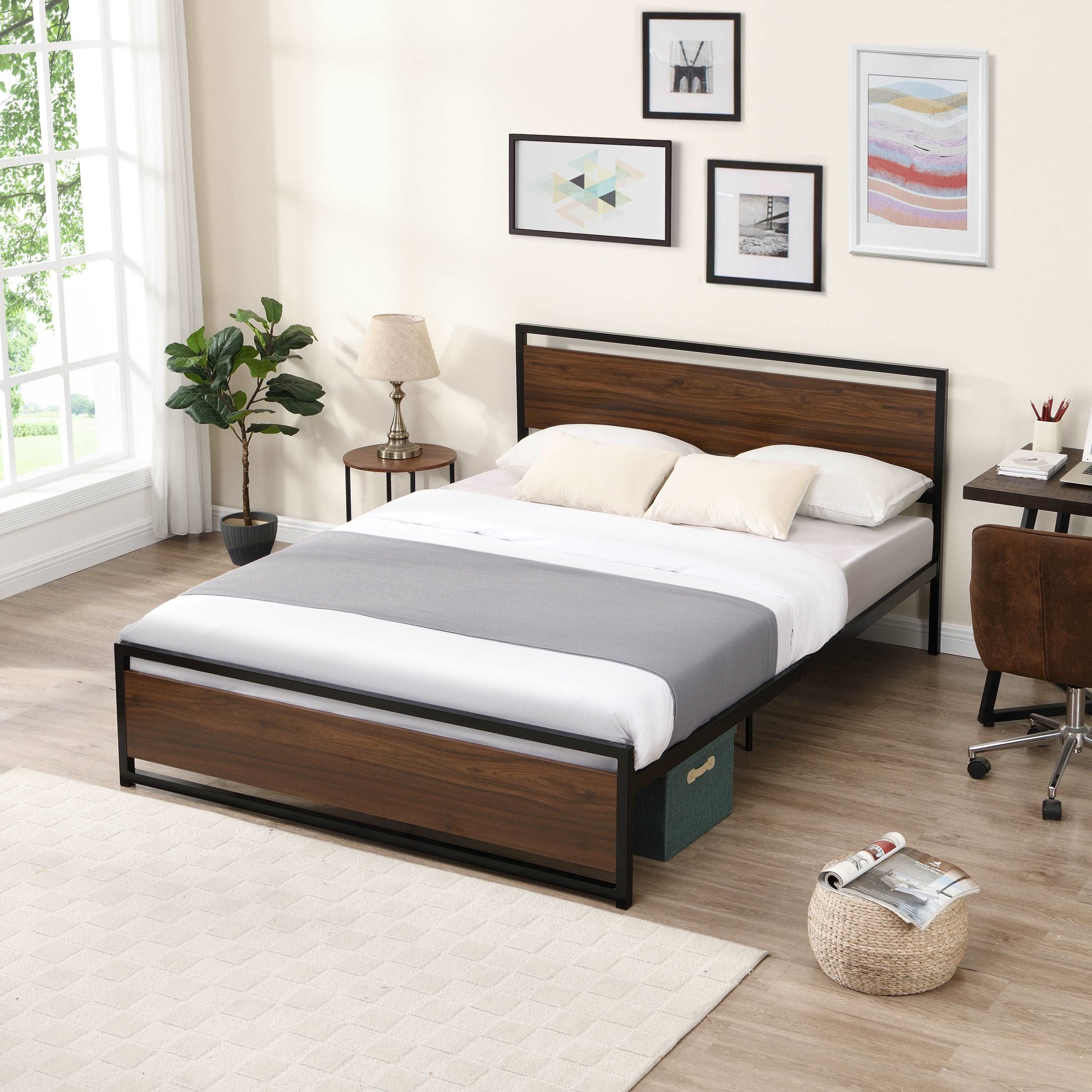 Bellemave Platform Bed with Rustic Headboard and Footboard, Strong Steel Slat Support